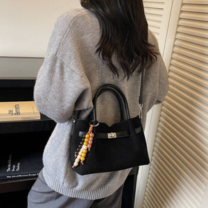 Decorative Lock Suede Handbag Tote Bag in Khaki with top handles