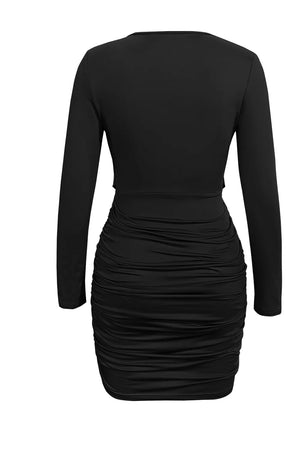 Ruched Cowl Neck Long Sleeve Mini Dress in Blue