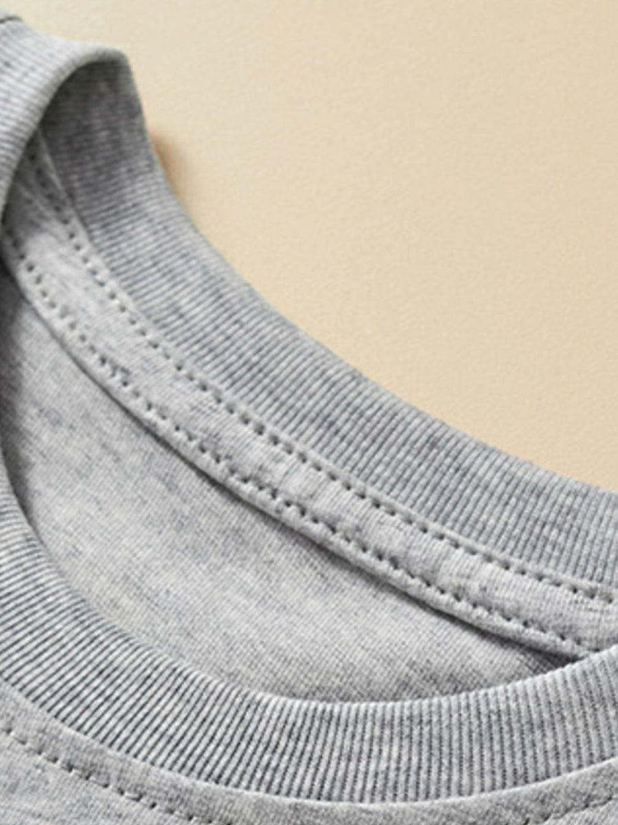 Toddler grey cotton tee neckline detail with double stitching