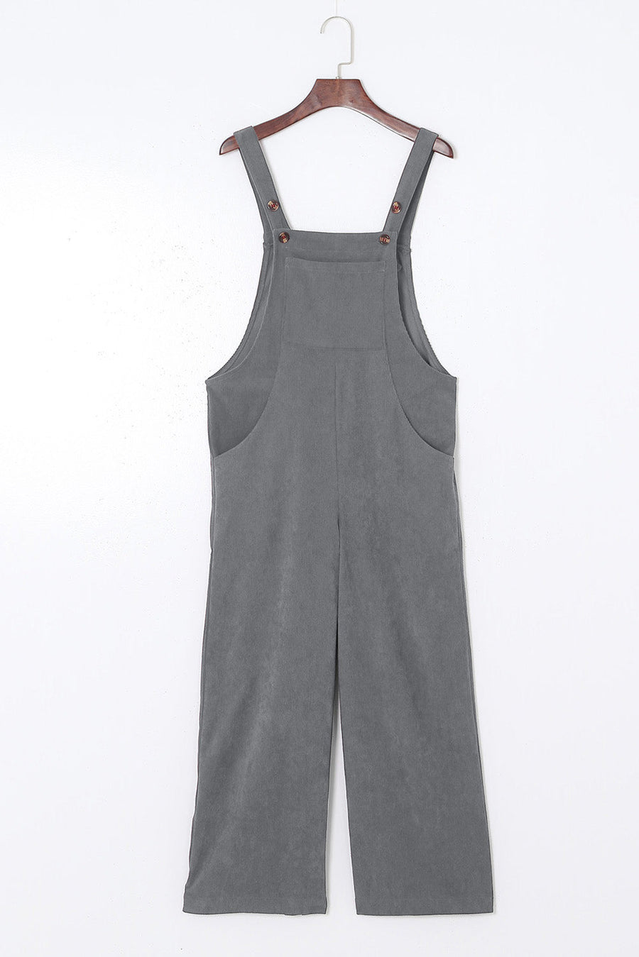 Dark Gray corduroy overalls with wide leg silhouette and buttoned straps.