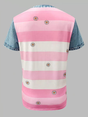 Contemporary denim patchwork blouse with pink and white stripes and daisy print.