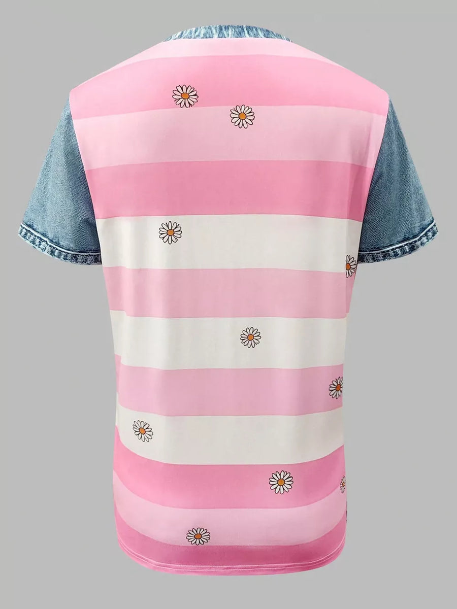 Contemporary denim patchwork blouse with pink and white stripes and daisy print.