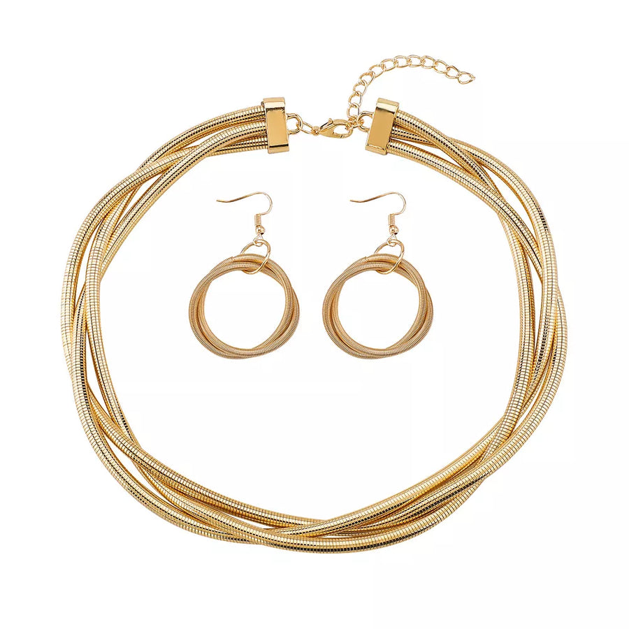 jewelry set in gold with multi-layered and choker length