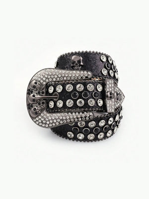 Black leather belt with crystal skull embellishments and a large crystal buckle.