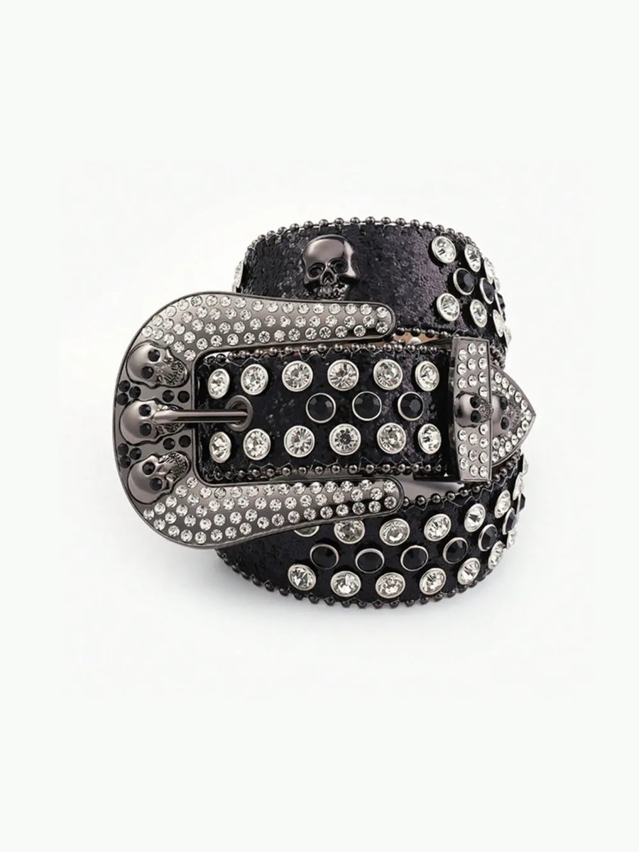 Black leather belt with crystal skull embellishments and a large crystal buckle.