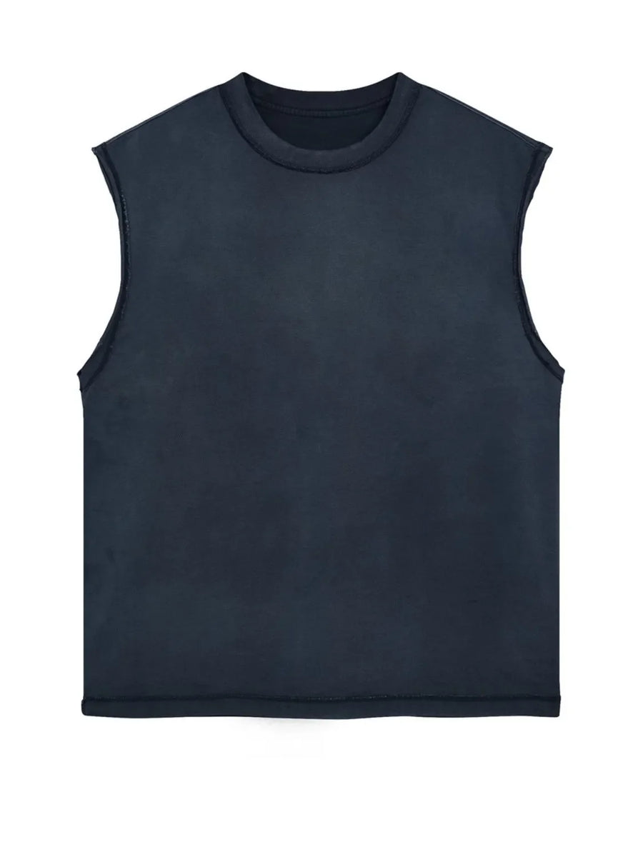 Navy washed cotton cut-off tank top with raw edges and crew neck.