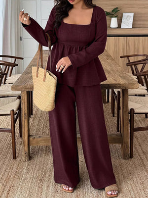 Wine red ruched square neck peplum top and wide leg pants set