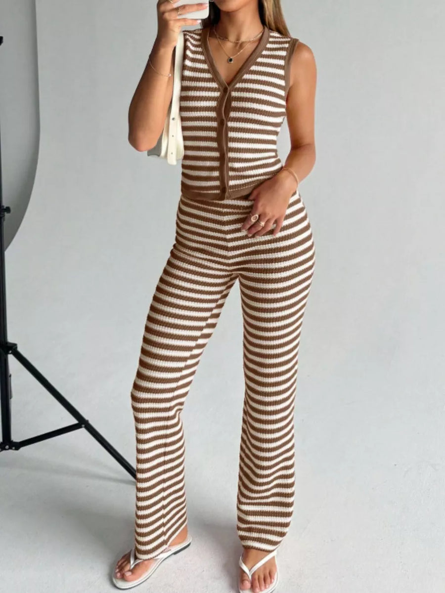 Brown and white striped knit V-neck buttoned sleeveless top and flared pants set.