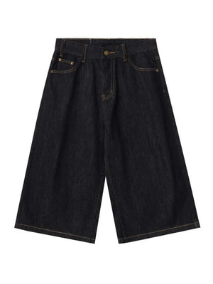 Men's black relaxed fit denim shorts with classic five-pocket styling and contrast stitching.