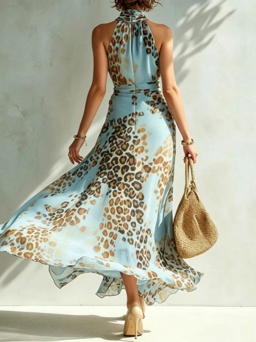 brown maxi dress featuring ruched and leopard-print