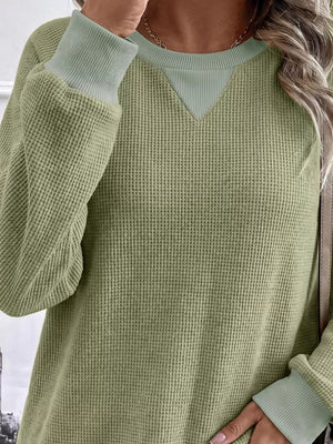 sweatshirt in Green with waffle knit and hip-length