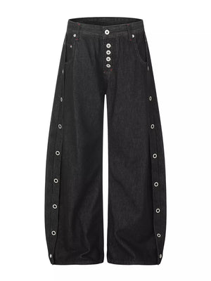 wide-leg jeans in charcoal featuring button fly and flared fit