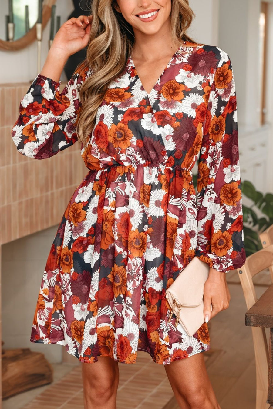 Floral wrap mini dress with puff sleeves in autumn floral print.