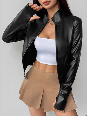 Black faux leather zip-up jacket with a stand collar and form-fitting cut.