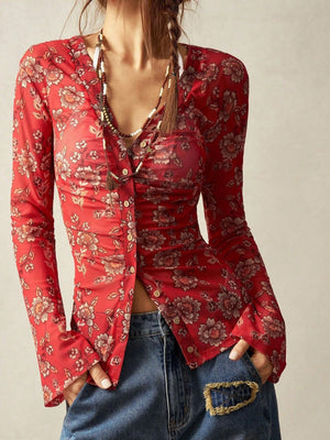 Brown fitted blouse with v-neck