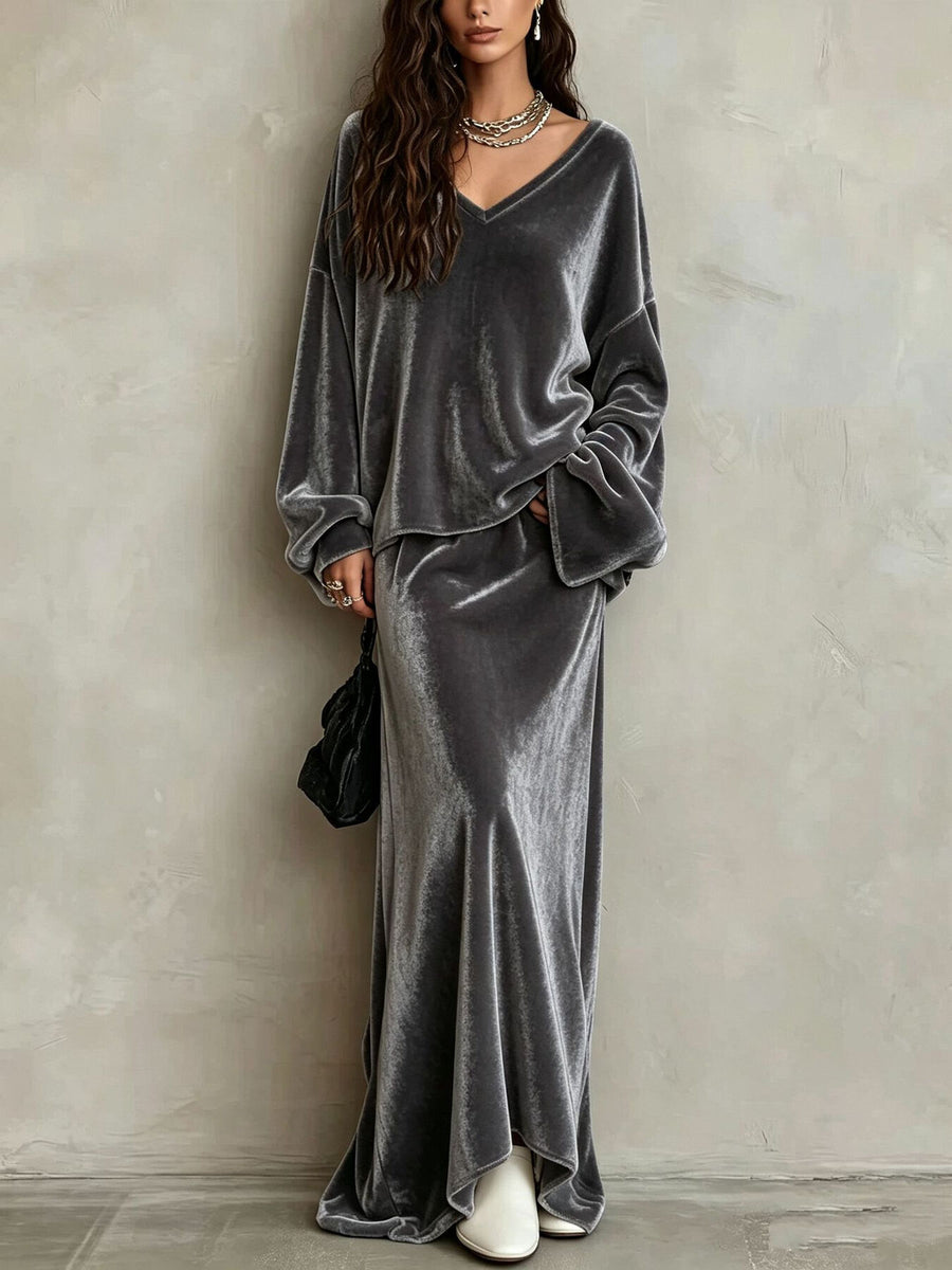 V-Neck Velvet Long Sleeve Top & Maxi Skirt Set in White with two-piece set