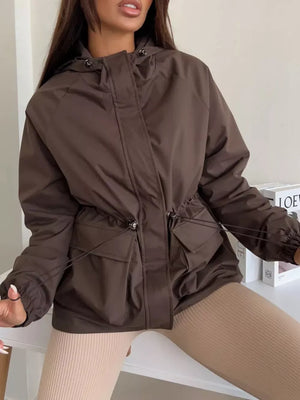 windbreaker in dark brown featuring drawstring and relaxed fit