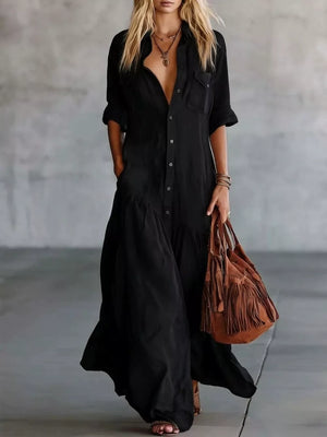 Navy Button Front Roll-up Sleeve Maxi Dress Plus Size
