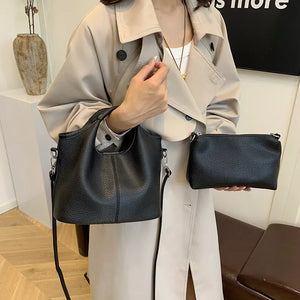 Gray Textured Leather Crossbody Bag With Pouch