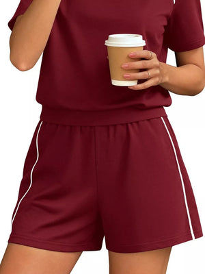 Contrast Trim Short Sleeve T-shirt And Shorts Set in Pale Blush with contrast stitching