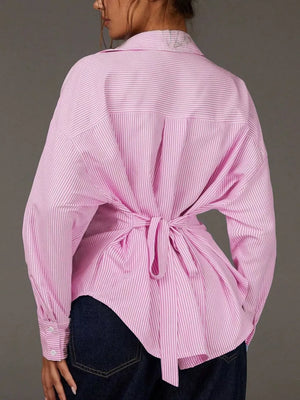 button-down shirt in Pink with collared and hip-length