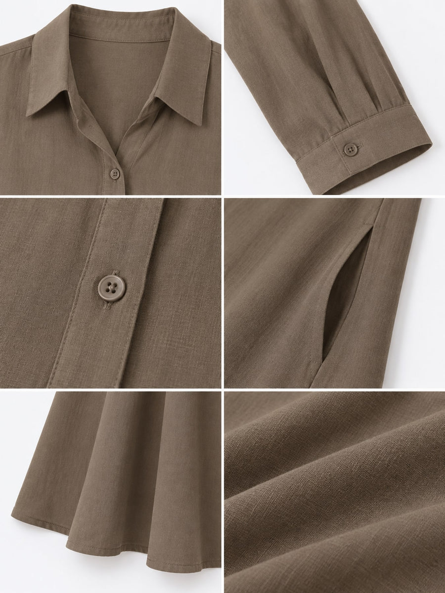Button Front Long Sleeve Maxi Shirt Dress Plus Size in Olive Green with pocketed