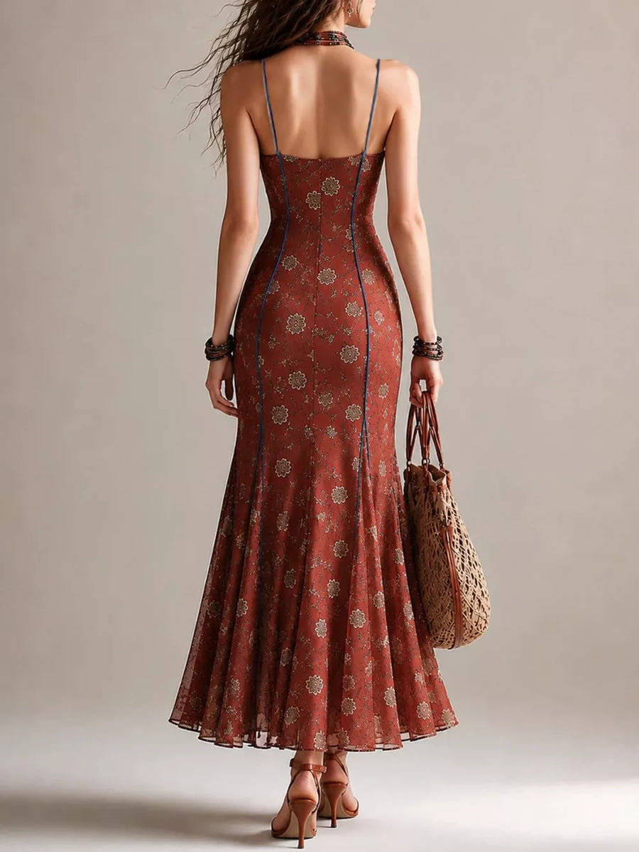 cream maxi dress featuring contrast stitching and floral