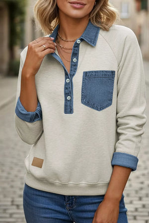 Light Gray with Denim Collar Patchwork Long Sleeve Shirt in Light Gray