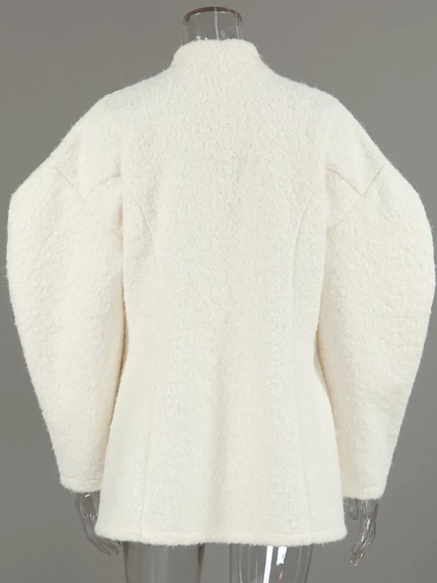 Wool-blend Leg-of-mutton Sleeves Coat in White with pocketed