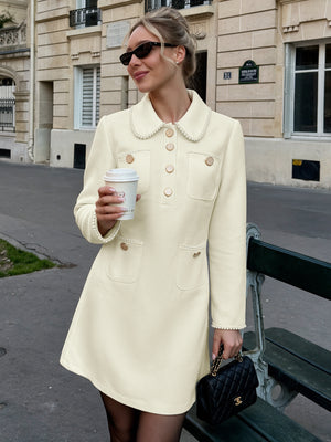 100% polyester Care instructions: Machine wash cold mini dress in cream with A-line silhouette