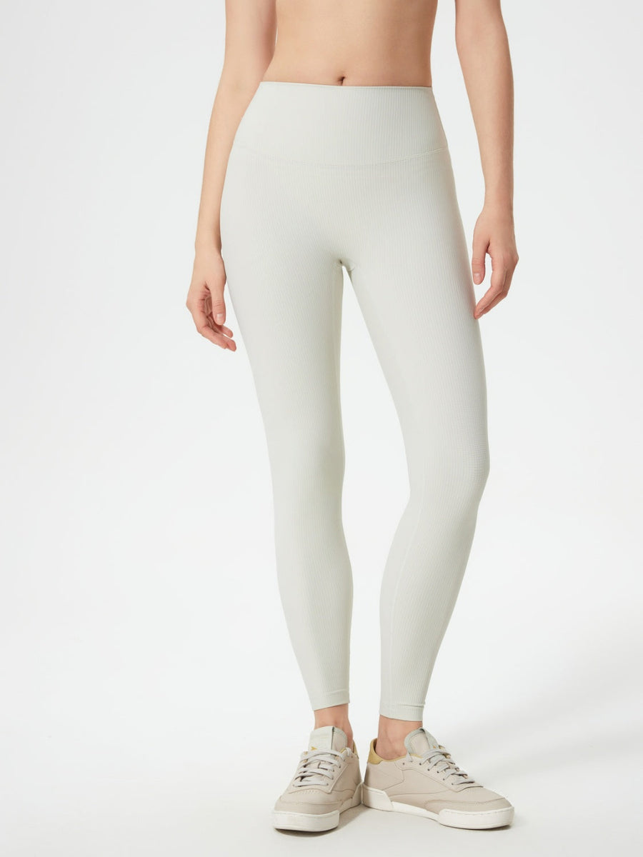 Light gray ribbed high-waist leggings with a seamless fit.
