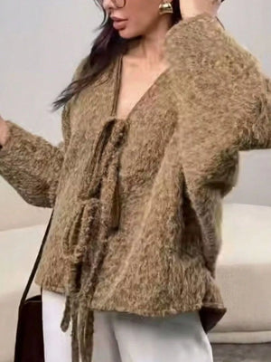 Textured knit tie-front cardigan in dark brown with a V-neck and long sleeves.