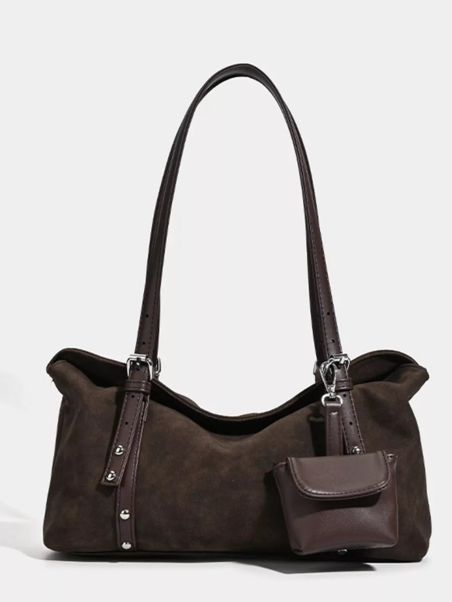 Brown suede medium shoulder bag with adjustable straps and a small attached pouch.