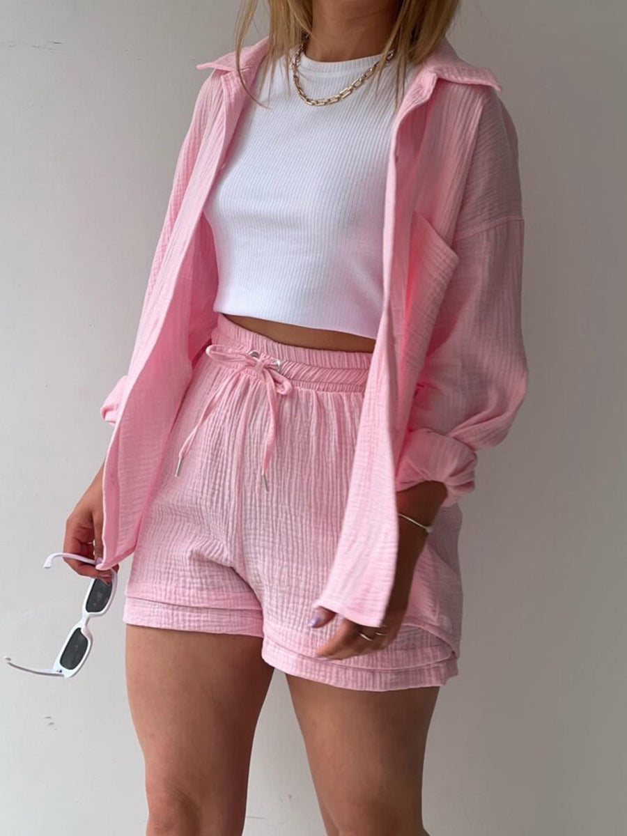 Textured gauze shirt and short co-ord set in Blush Pink.