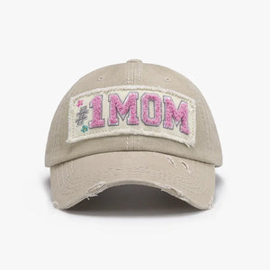 Khaki baseball cap with #1 MOM patch and distressed details