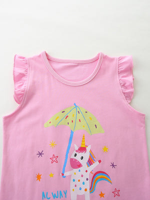 Pink cotton toddler pajama top with ruffled sleeves and a unicorn holding an umbrella graphic.