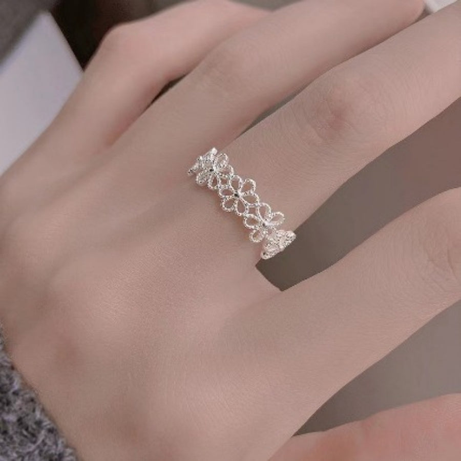 Floral Adjustable 925 Sterling Silver Open Ring in silver with adjustable