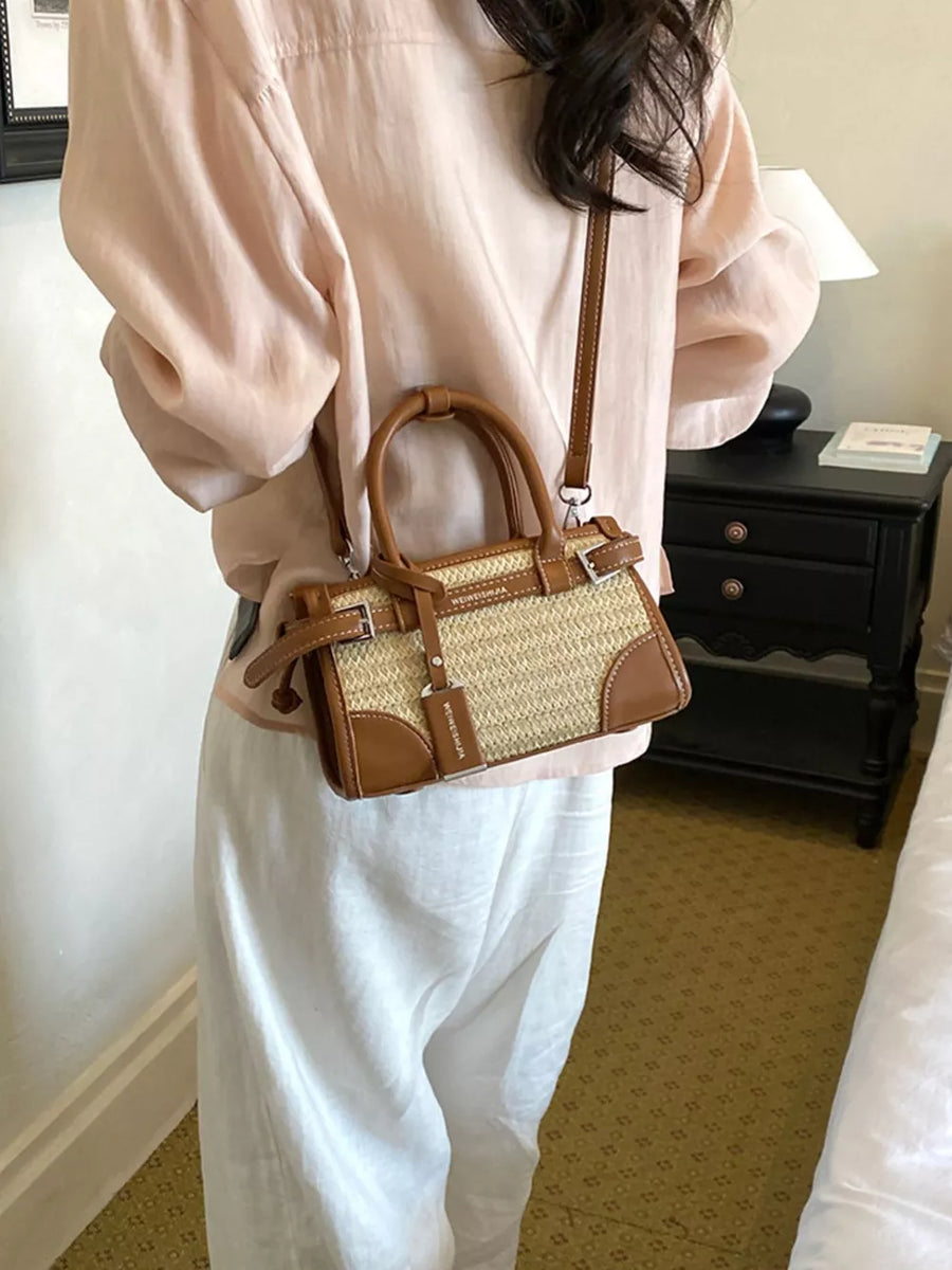 crossbody bag in brown with woven and adjustable strap