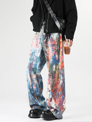 Abstract art print wide leg jeans in cotton with a brushstroke pattern and a relaxed fit.
