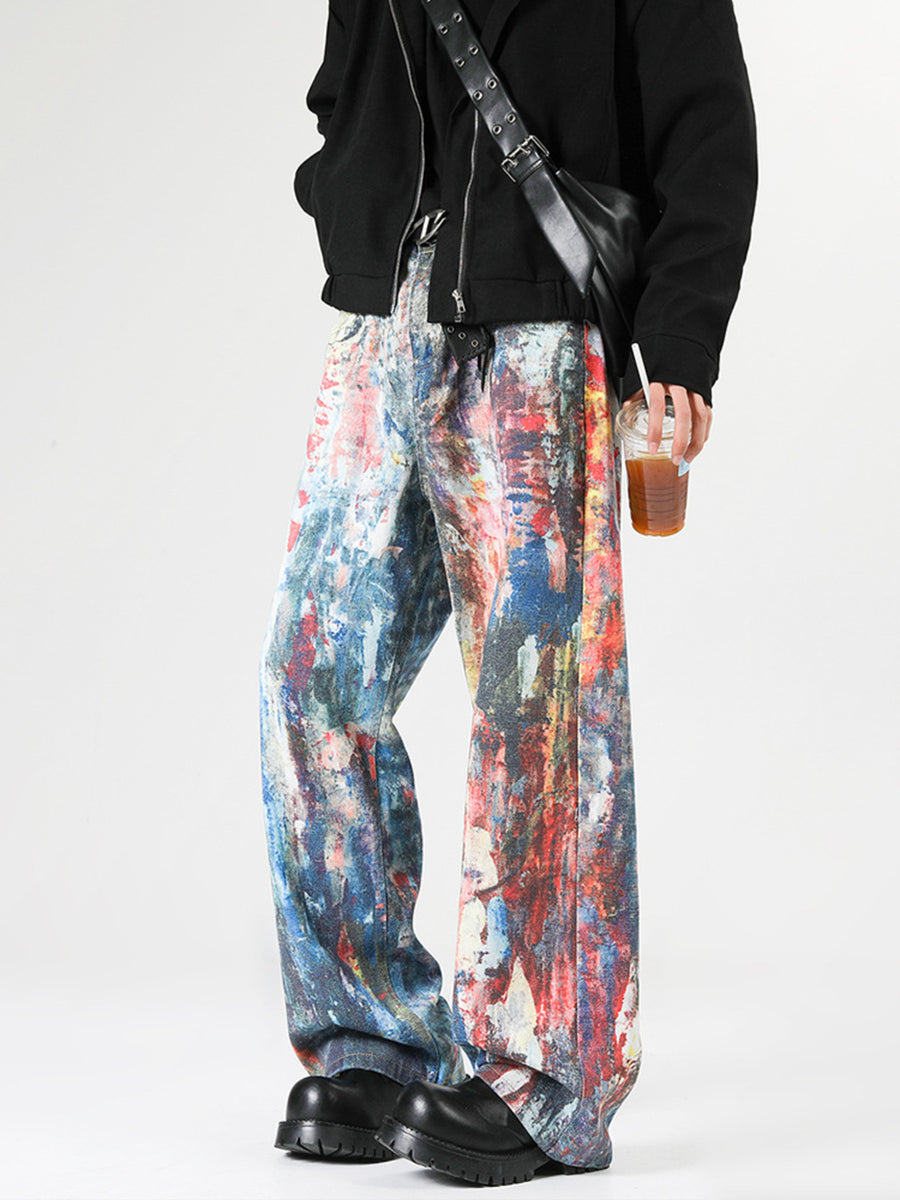 Abstract art print wide leg jeans in cotton with a brushstroke pattern and a relaxed fit.