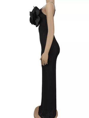 black maxi dress with applique and spaghetti strap