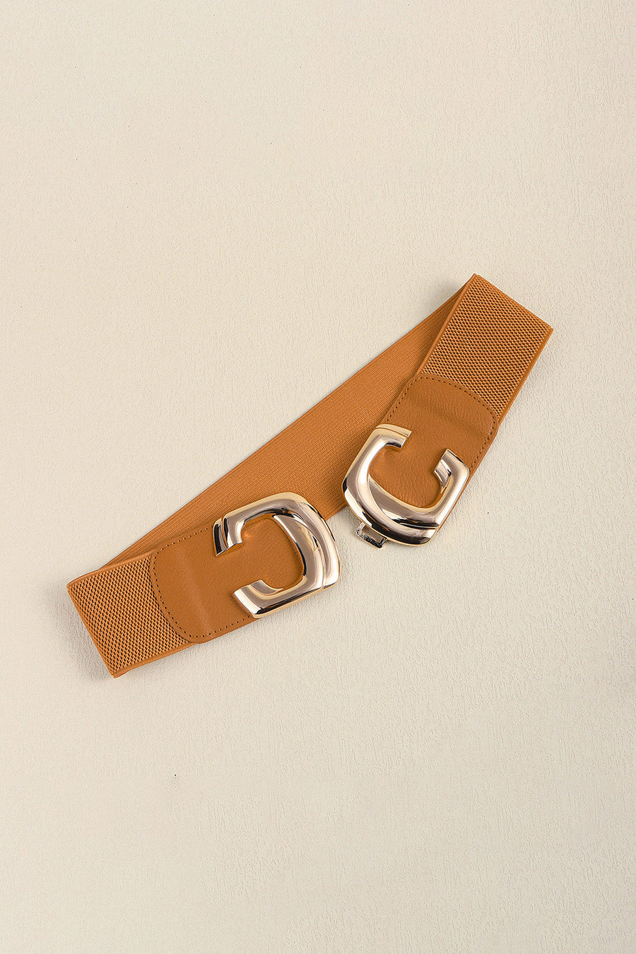 Caramel elastic waist belt with double C gold buckle detail