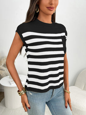 Black and white striped knit sweater with a chest pocket and cap sleeves.