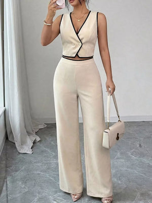 Chic contrast trim apricot two-piece ensemble with a sleeveless V-neck vest and wide-leg pants.