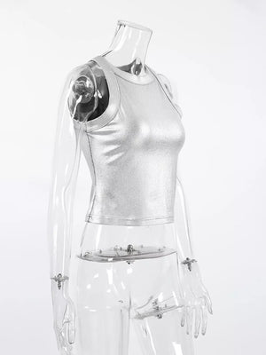 silver tank top with stretch and sleeveless