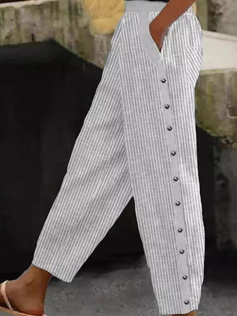 wide-leg pants featuring striped in white with Polyester content is at least 90% and less than 95% texture
