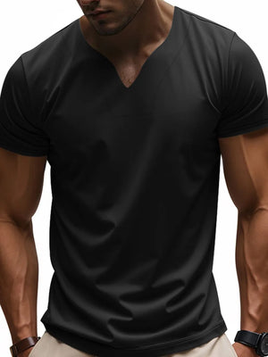 Black V-neck performance tee with short sleeves.