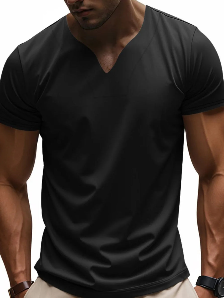 Black V-neck performance tee with short sleeves.