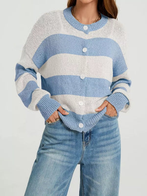 light blue cardigan with striped and round neck