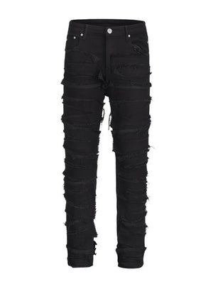 Black denim jeans with layered frayed detailing and a sculpted fit.